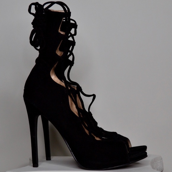 Black Lace up Suede 5 inch Heels - Picture 3 of 4